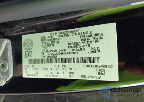 2017 Ford Escape Se from USA, damaged, VIN 1FMCU9G99HUD00016